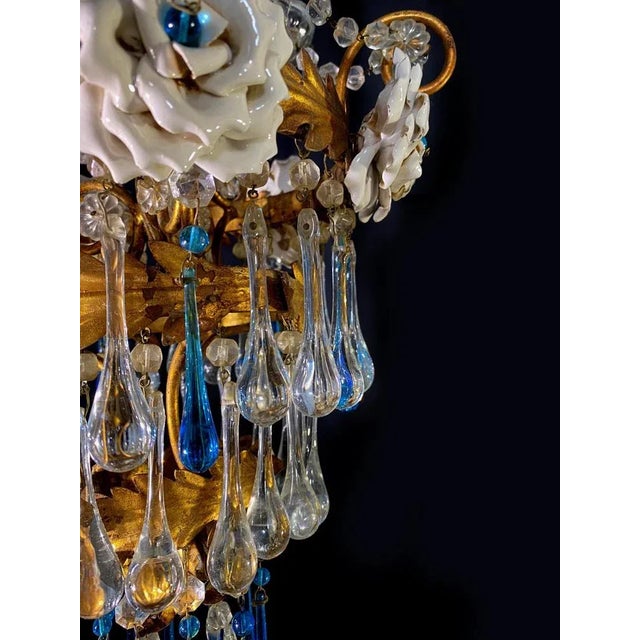 Chandelier with White Roses and Blue Drops, Murano, 1950s For Sale - Image 16 of 18