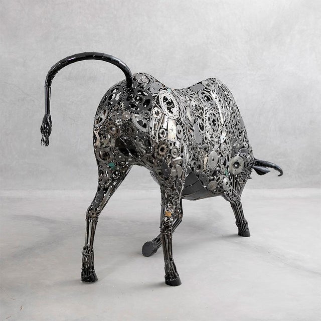 Metal Monumental Recycled Metal Bull Sculpture by Azele Studio For Sale - Image 7 of 17