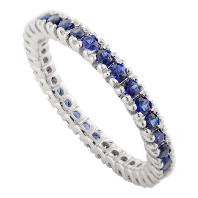 Prong Set Blue Sapphire Round Cut Eternity Band in 18k White Gold Size 6.5 For Sale