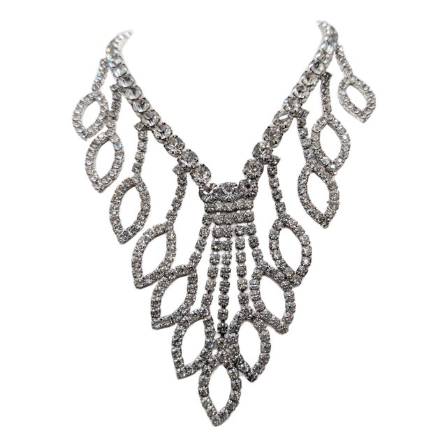 Vintage 1980s Signed Alexis Kirk Rhodium Plated Clear Rhinestone Bib Necklace For Sale