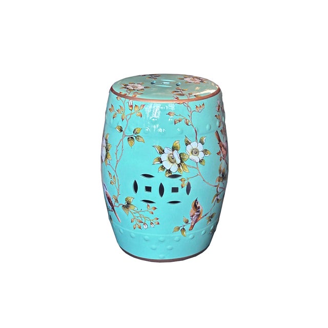 Turquoise Blue Porcelain Flower Birds Round Barrel Stool Table For Sale - Image 9 of 10