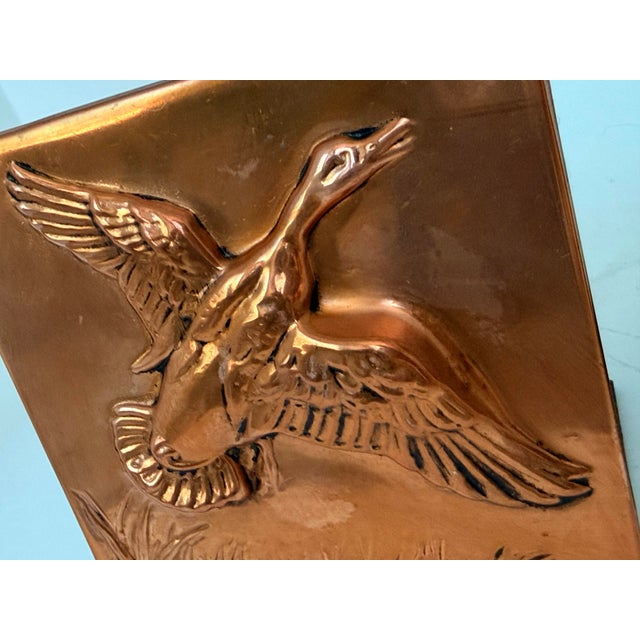 Cabin Arts & Crafts High Relief Vintage Copper Wrapped Flying Duck Bookends, Bruce Fox Style- A Pair For Sale - Image 3 of 12