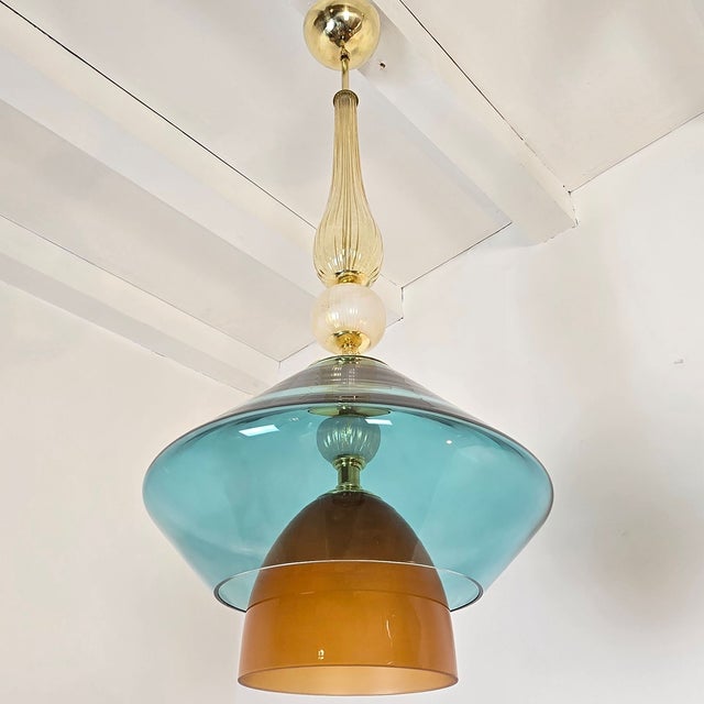 Metal Pair of Petrol Blue Murano Glass Pendants For Sale - Image 7 of 13