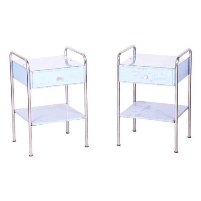 Bauhaus Side Tables in Plywood and Chrome attributed to Mücke-Melder, Czech, 1930s, Set of 2 For Sale