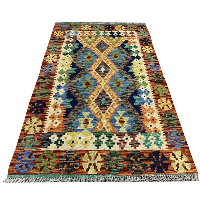 Islamic New Afghan Chobi Hand Woven Veg Dyed Wool Kilim Area Rug 4.8 X 2.9 Ft For Sale - Image 3 of 11