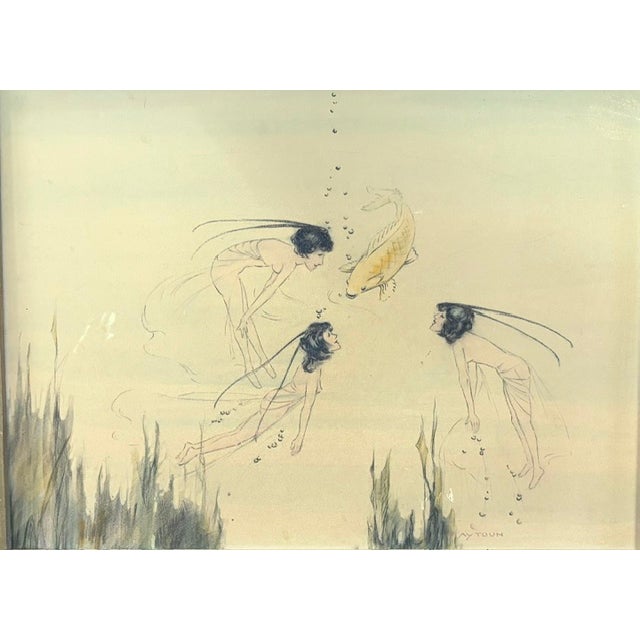 Beige Early Framed Illustration - Stylized Fairy Figures Swimming With a Koi Fish, Signed For Sale - Image 8 of 9