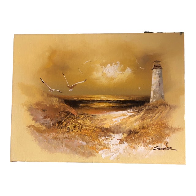 Original Vintage 1960’s Seascape Painting With Lighthouse & Seagulls Signed For Sale