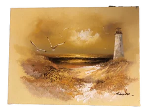 Original Vintage 1960’s Seascape Painting With Lighthouse & Seagulls Signed