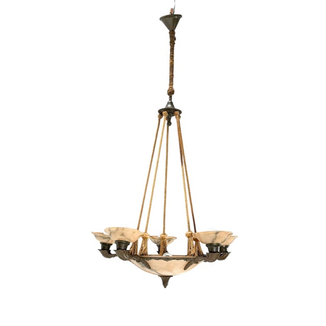 Art Deco French Alabaster Chandelier, 1930s For Sale - Image 3 of 17