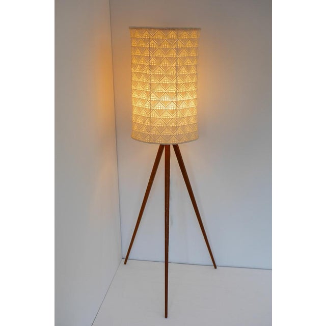 Large Scandinavian Teak Tripod Floor Lamp with Drawn Thread Embroidery Shade For Sale - Image 17 of 17