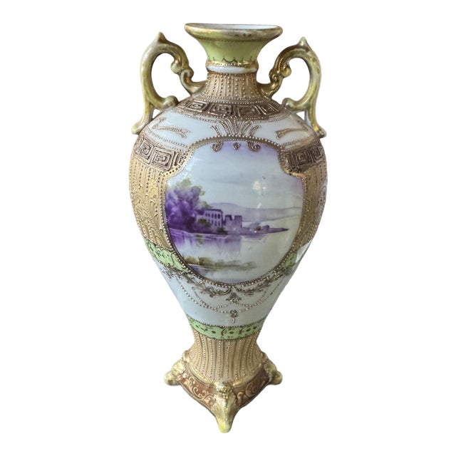 Antique Hand Painted Nippon Porcelain Floral Enamel Decorated Vase For Sale