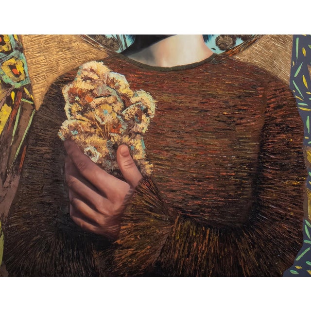 Surrealism Eye of the Storm by Andrada Trapnell | Mixed media on board Portrait of a girl with blue hair holding flowers. For Sale - Image 3 of 5