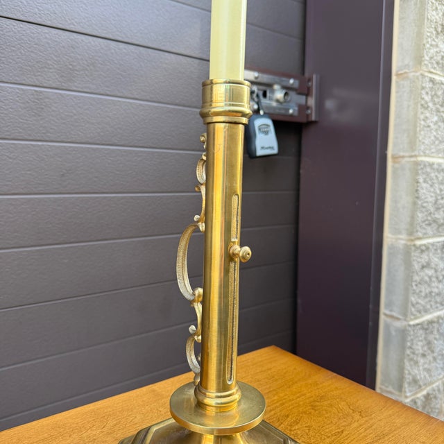 Brass Vintage Homestead Shoppe of Indiana Brass Candlestick Lamp With Scrolled Brass Handle For Sale - Image 8 of 11