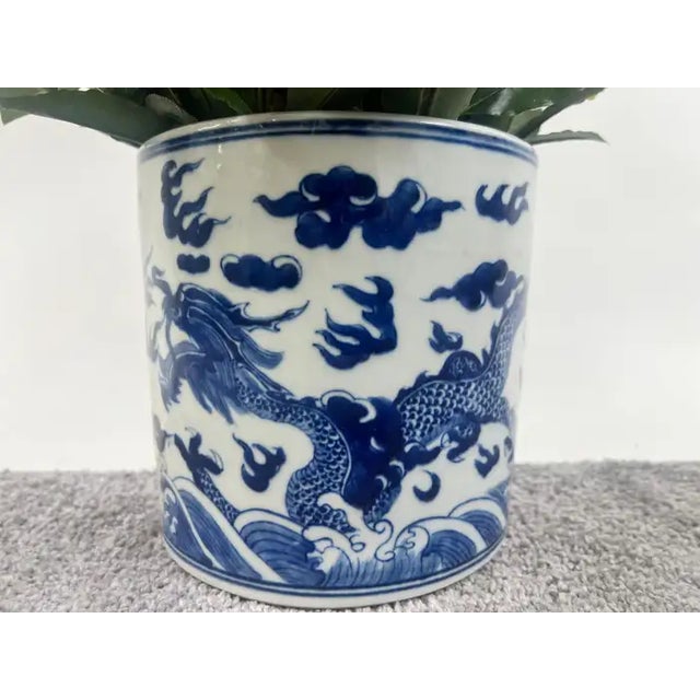 Asian Chinese Qing Dynasty Style Blue & White Dragon Motif Porcelain Planter For Sale - Image 3 of 10