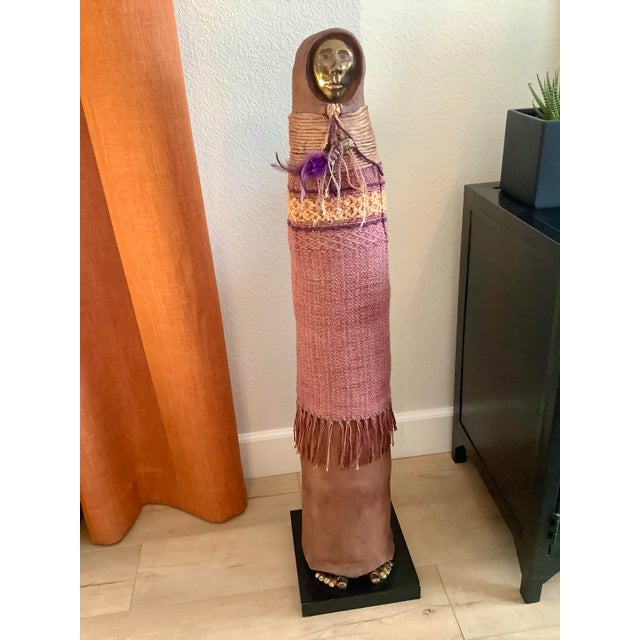 1980s Tall Southwestern Mixed-Media Figurative Sculpture With Brass Face by Naida Seibel, 41.5” H For Sale - Image 10 of 10