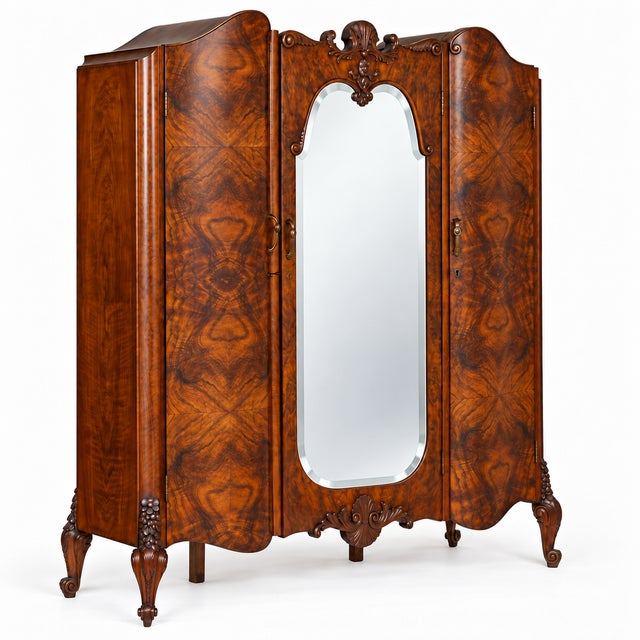 Baroque Venetian Hand-Carved Walnut & Burl Walnut Wardrobe with Mirror, 1910s For Sale - Image 13 of 13