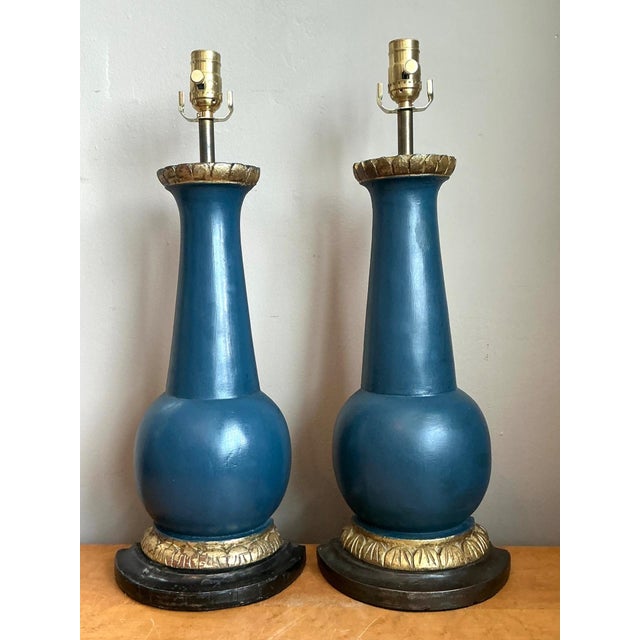 Vintage Blue Gilt Accented Table Wood Half Lamps - Pair For Sale - Image 4 of 11