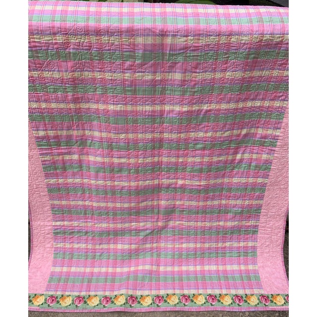 Textile Vintage 1990’s Floral Patchwork Quilt Pink Green Yellow Roses Reversible to Pink Multi Seersucker Motifs 68” X 53” Twin For Sale - Image 7 of 12