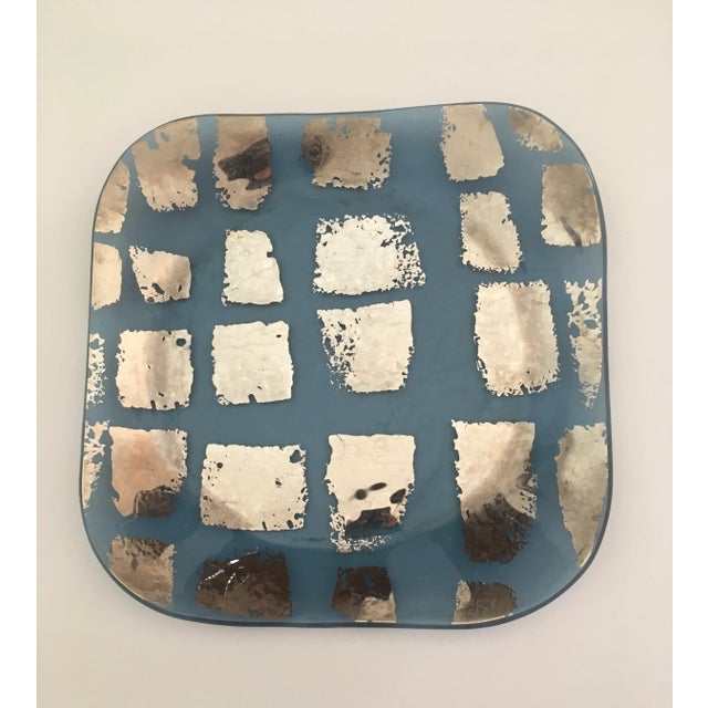 Square Aqua Teal & Gilt Gold Platinum Serving Platter Tray by Renown California Artisan Annieglass For Sale - Image 10 of 10