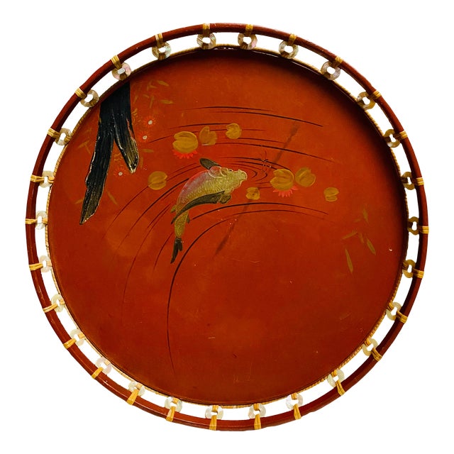 1930’s Japanese Hand Painted Fish Lacquered Tray Mother of Pearl Trim For Sale