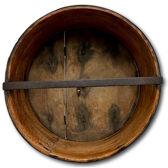 Rare & Unusual Large Antique American Steam Bent Ash Wood & Wrought Iron Gristmill Dry Measure - Dated 1860 For Sale - Image 11 of 18