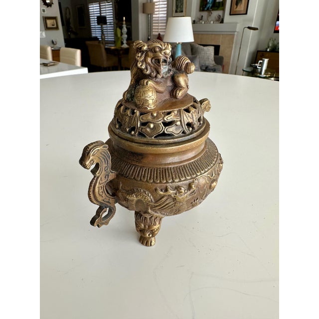 Antique Chinese Ming-Style Brass Foo Dog Incense Burner Sculpture For Sale - Image 4 of 15