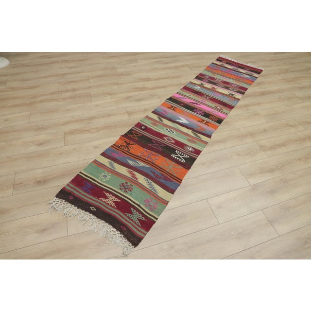 Black 1960s Traditional Striped Colorful Hand Knotted Kilim Runner Rug For Sale - Image 8 of 13