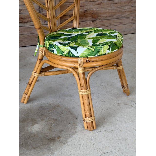 Vintage Coastal Boho Rattan Leaf Back Side Chair With Custom Tropical Cushion For Sale In Naples, FL - Image 6 of 12
