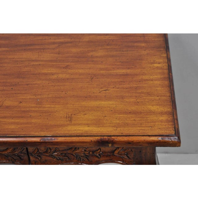 Vintage French Country Pine Wood Distress Floral Carved 1 Drawer Writing Desk For Sale - Image 9 of 14