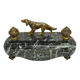 Antique French Empire Figural Bronze & Marble Hunting Dog Desk Double Inkwell For Sale