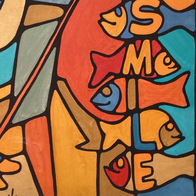 Mid 20th Century Mid 20th Century Modern Colorful Cubist-Style Framed Painting With Smiling Clown “ Smile “ by Wrasky For Sale - Image 5 of 12