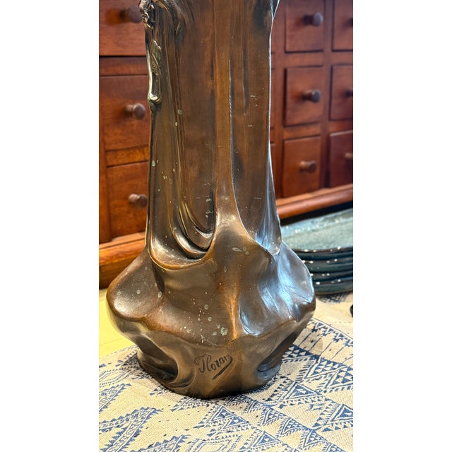 Early 20th Century Early Patinated Bronze Art Nouveau Vase With Maiden & Floral Design by Francesco Flora For Sale - Image 11 of 17