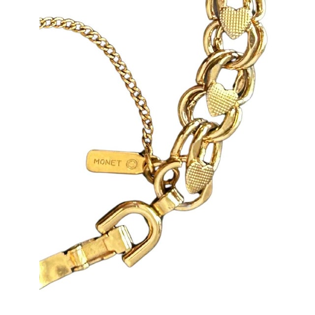 Gold Vintage Monet Signed Gold-Tone Textured Heart Link Charm Bracelet | Mid-Century Designer Costume Jewelry For Sale - Image 8 of 8