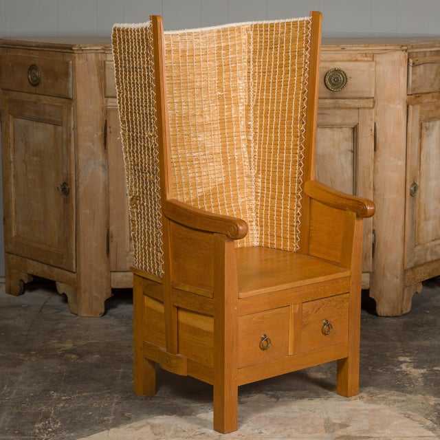 Orkney Island Scottish Oak Wingback Chair with Two Drawers, Vintage For Sale - Image 4 of 12