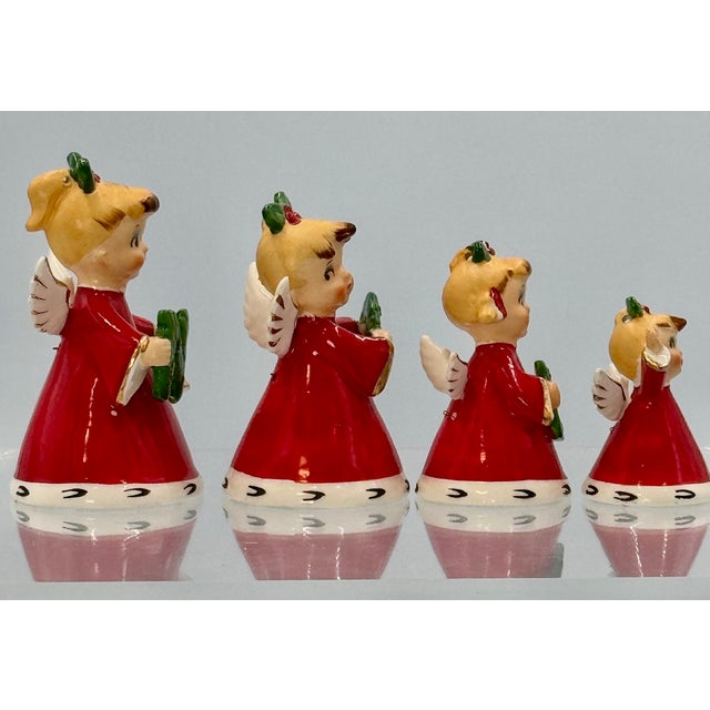 1950s 1956 Napco 3BX2381 Ceramic Angel "Noel" Red/ White/Green Christmas 4 Piece Bell Set For Sale - Image 5 of 12