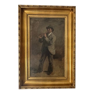 Early 20th Century Central European Genre Oil Painting – Man Playing Flute – Gilt Frame For Sale