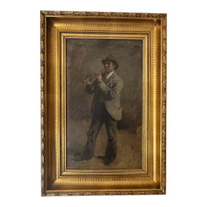 Early 20th Century Central European Genre Oil Painting – Man Playing Flute – Gilt Frame