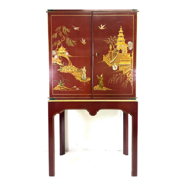 Mid-Century Vintage Hand Painted Cinnabar Chinoiserie Cabinet For Sale - Image 12 of 12