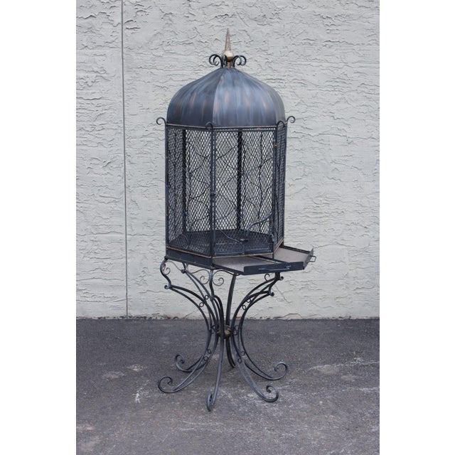 Vintage Wrought Iron Garden Bird Cage On Stand For Sale In Philadelphia - Image 6 of 18