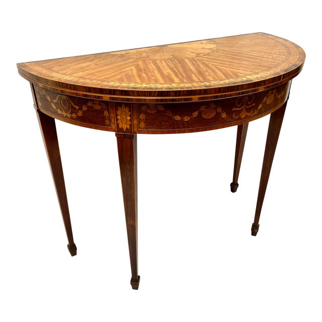 1970s Baker Furniture Stately Homes Demilune Inlaid Wood Game Table For Sale