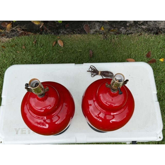 Ceramic Vintage Crackle Glazed Red Ceramic Table Lamps, Pair For Sale - Image 7 of 10