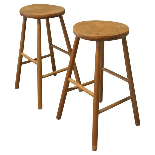 Wood Tall Beech and Elm Farmhouse Kitchen Stools, 1960, Set of 2 For Sale - Image 7 of 7