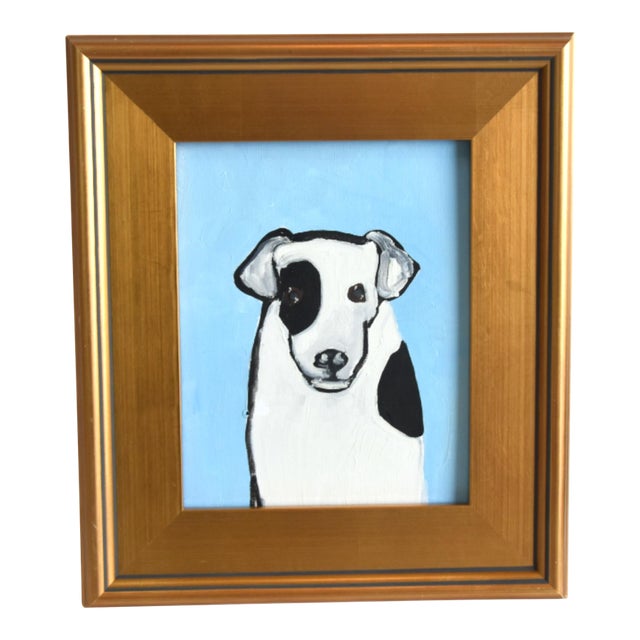 Folk Art Doggie Dog Puppy Oil Painting Including the Antiqued Gold Wood Frame For Sale