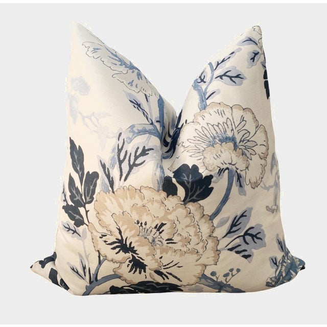 Striking, blue, ink, tan and white floral print pillows. A lovely large print with a chinoiserie feel. Fabric is a...