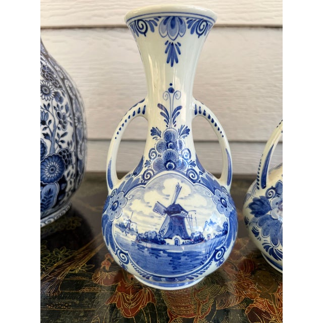 Pair Petite Vintage Delft Vases Blue & White Windmilll Hand Painted Bud Vases For Sale In Dallas - Image 6 of 18