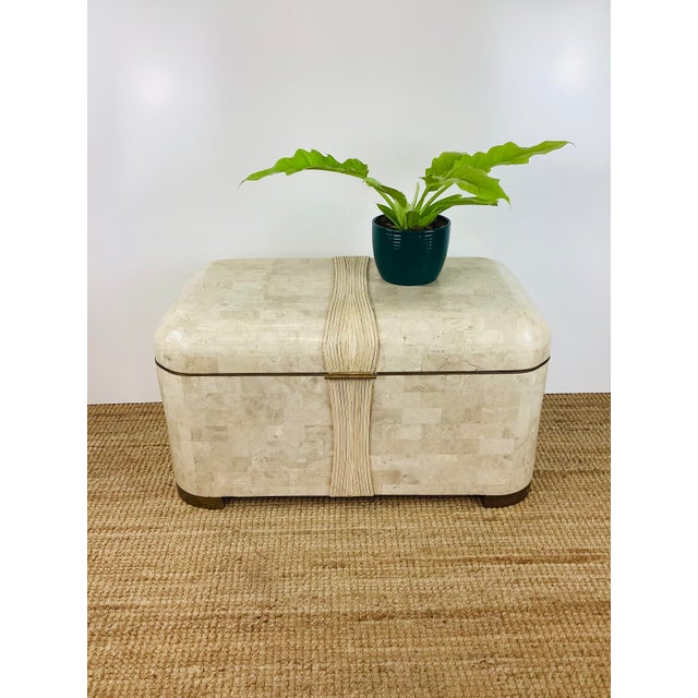 Vintage 1980s Tessellated Stone Trunk made of tessellated stone cream in color rattan reed trim brass hardware and feet...