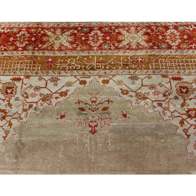 Textile Large Antique Oushak Rug in Taupe / Light Green Background and Red Border For Sale - Image 7 of 12