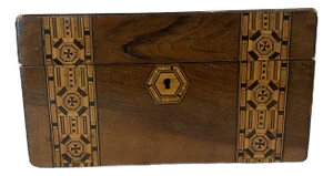 Antique English Wood Tea Caddy With Intricate Parquetry Inlaid Banding