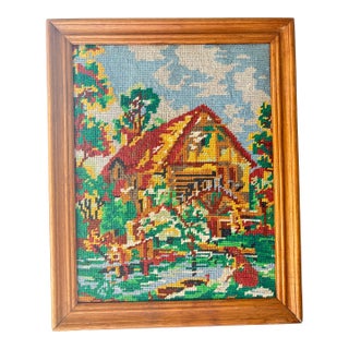 Vintage Country Cottage Core Needle Point, Cross Stitch Framed Art, Rustic Autumn Art For Sale