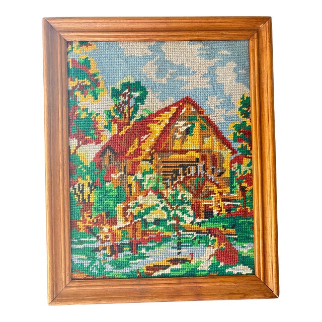 Vintage Country Cottage Core Needle Point, Cross Stitch Framed Art, Rustic Autumn Art For Sale